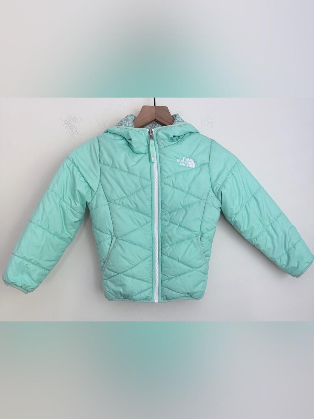 The North Face Mint Teal Quilted Girls' puffer Jacket reversible hooded XXS 5